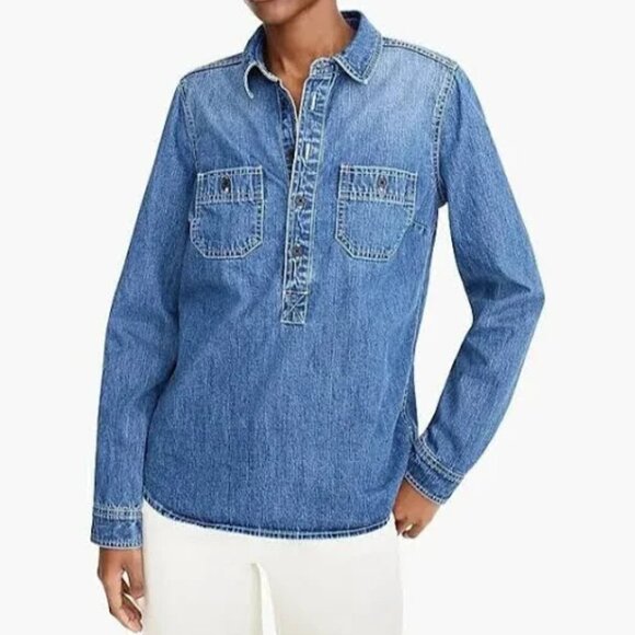 J. Crew Classic Chambray Popover Long Sleeve 1/2 Button Collared Jean Shirt Top - Picture 2 of 7